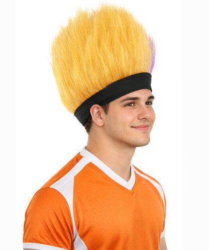 HPO Men's Purple and Golden Spiky Wig | Short Upright Mohawk Style Flame-retardant Synthetic Fiber Headband Design | Halloween Themed Party Dress Up Sports Fan Accessory