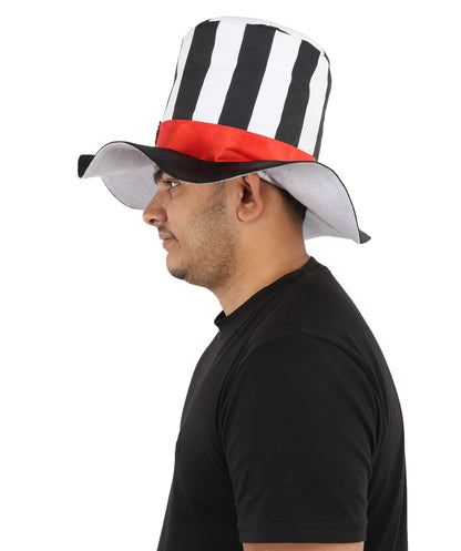 HPO Men's Striped Circus Mini Hat | Black and White Pattern with Red Ribbon and Gothic Cameo | Ideal for Halloween, Theater, Drag, and Carnival Performance Events