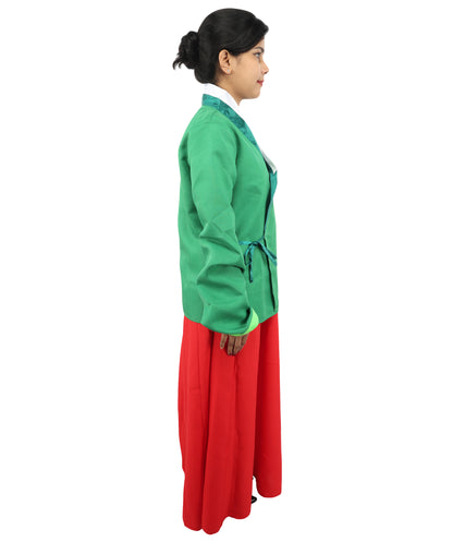 HPO Women’s Anime Herbal Maid Red & Green Costume | Traditional Long Dress with Apron & Waist Bow | Cosplay Outfit for Halloween, Conventions, Stage & Roleplay