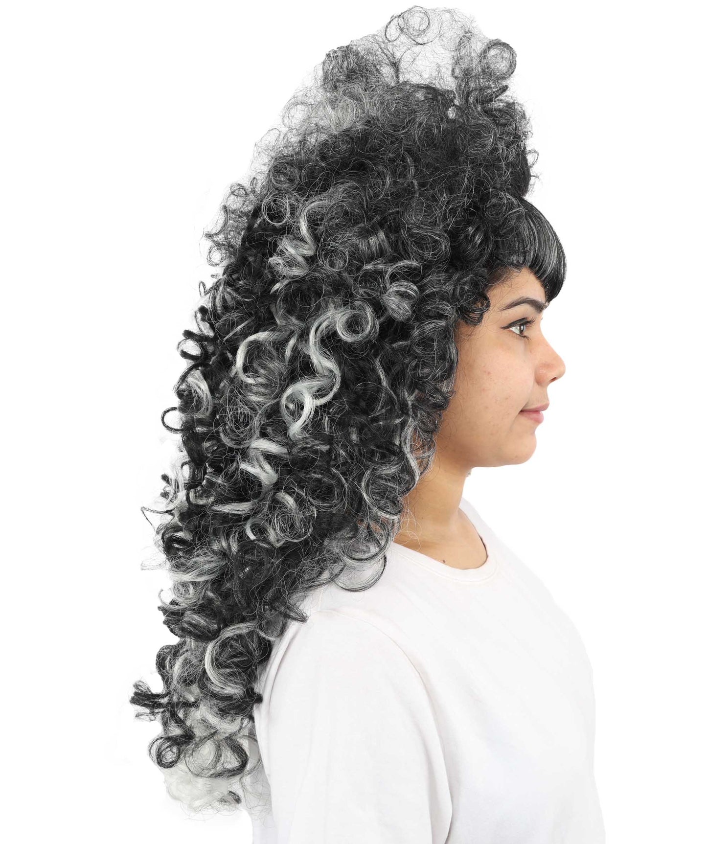 HPO Women's Vampire Mistress Curly Wig | Long Layered Black Hair with White Highlights and Teased Roots | Classic Horror Cosplay and Theme Parties