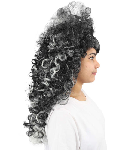 HPO Women's Vampire Mistress Curly Wig | Long Layered Black Hair with White Highlights and Teased Roots | Classic Horror Cosplay and Theme Parties