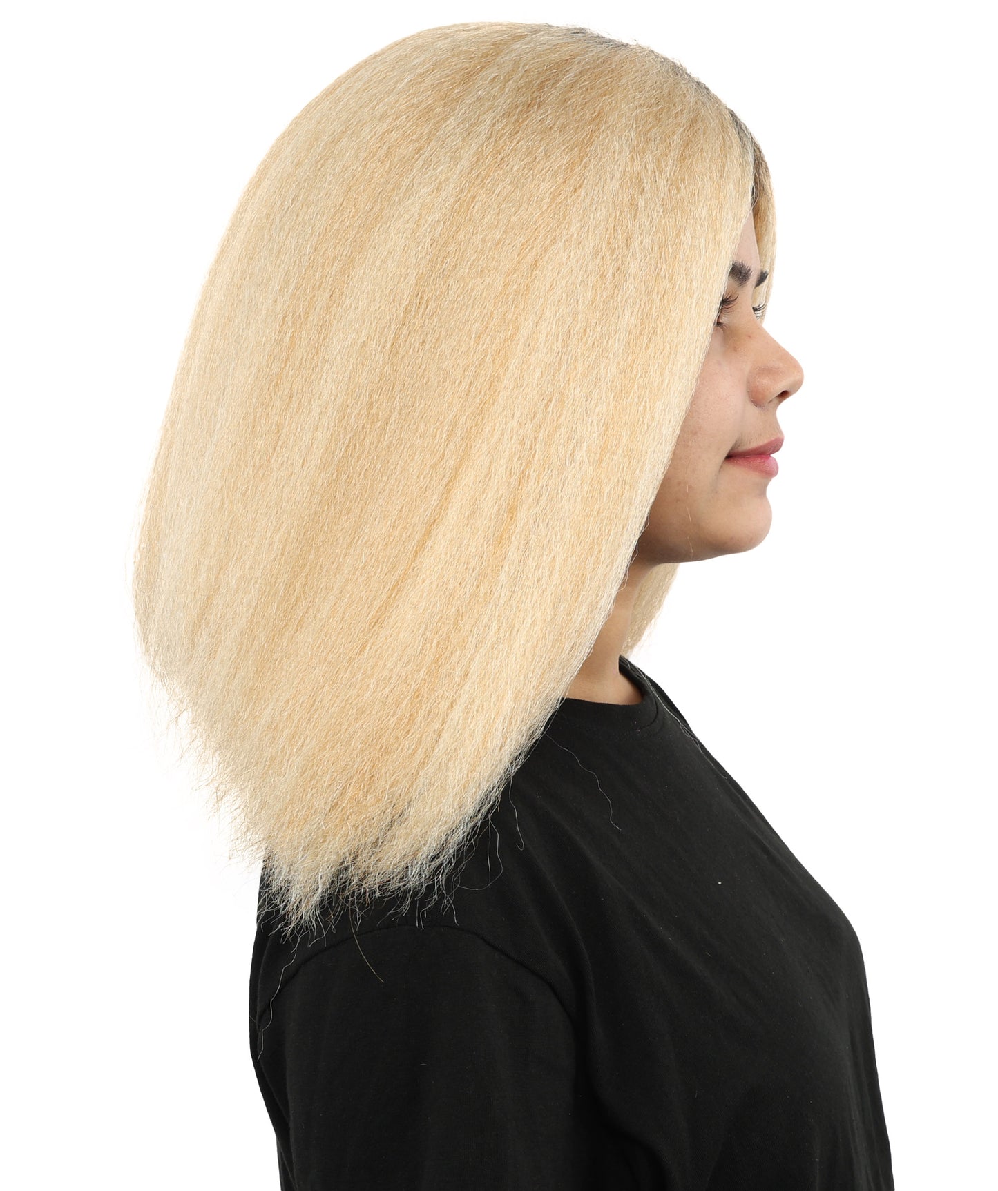 HPO Women's Long Rounded Cartoon Hair Wig | Black & Blonde Bubble Bob, Deep Side Part, Heat Friendly Synthetic Strands & Breathable Net | Fancy Dress, Stage Show, Animated Character Events, Halloween & Festival