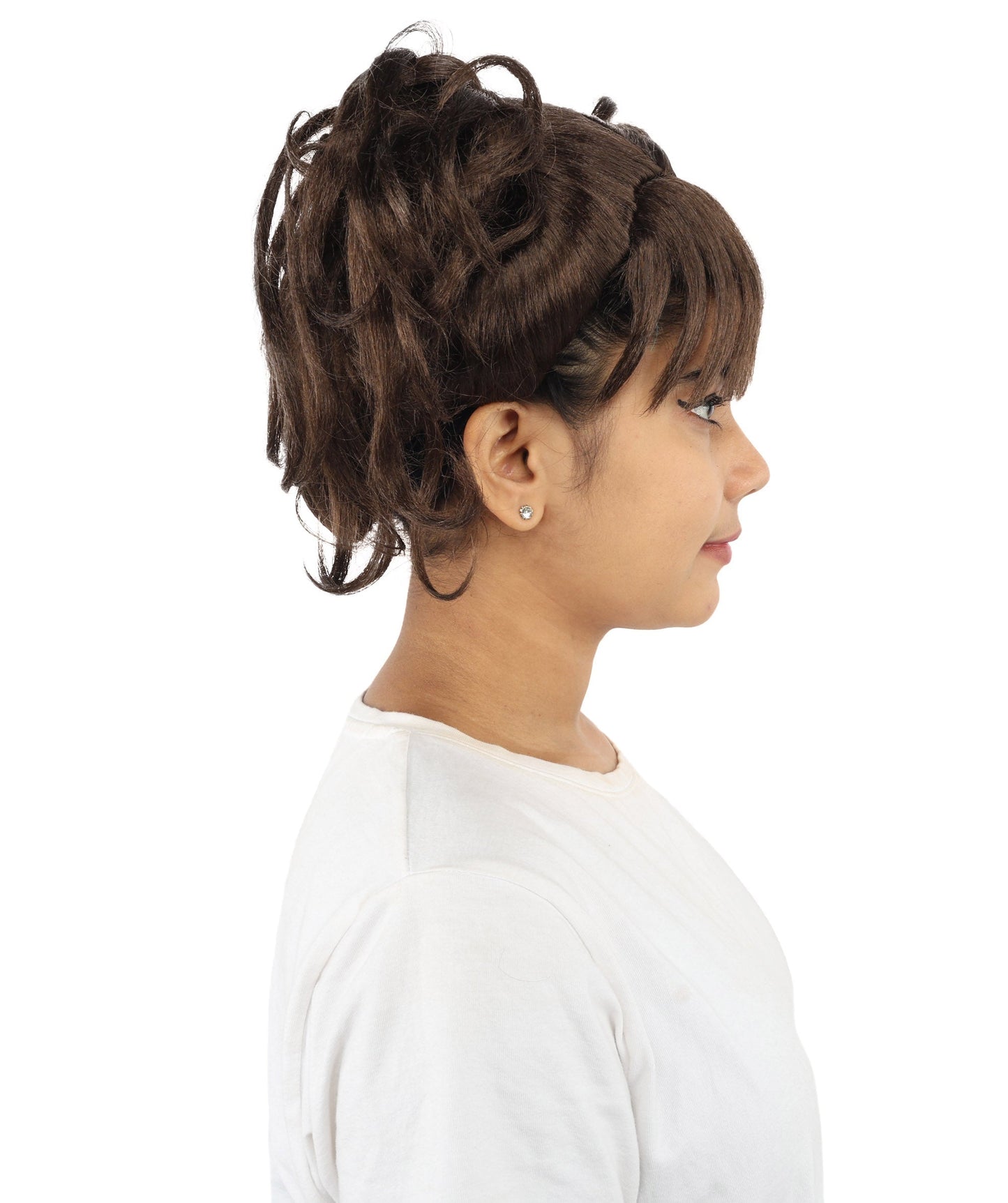 HPO Adult Women’s Messy Twin Bun Wig with Graphic Bangs | Multiple Color Options | Edgy Wig for Cosplay, Fashion Events, Halloween & Stage Wear | Adjustable Cap, Lightweight Synthetic Fiber