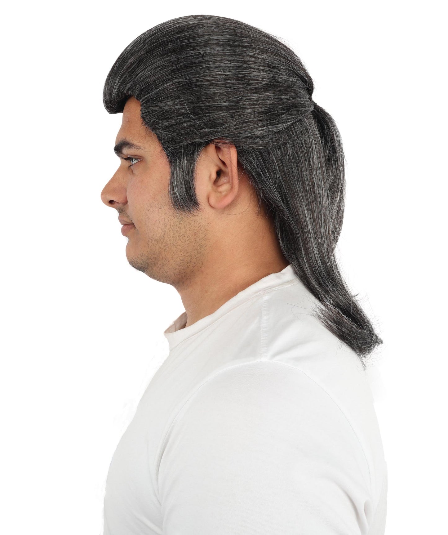HPO Men's Samurai Warrior Wig | 15 Inch Grey & White Mixed Swept Back Texture Half Ponytail Style | Party Halloween Cosplay Theater Drag Performance Costume Events