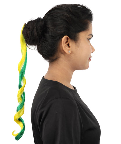 HPO Women's Brazil Flag Hair Extension | Coiled green and yellow synthetic fibers featuring a twisted attachment design | Ideal for party, Halloween, cosplay, theater, drag, performance, costume events