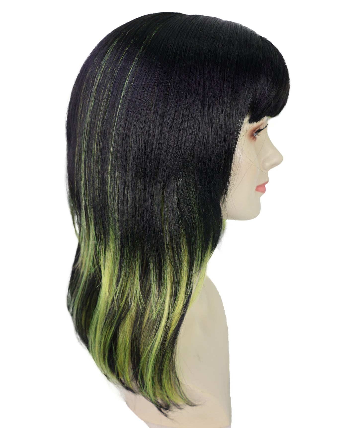 HPO Adult Short Lolita Straight Wig with Bangs for Women | Green & Black Highlighted Synthetic Wig | Breathable Cap for Daily Wear & Halloween Looks