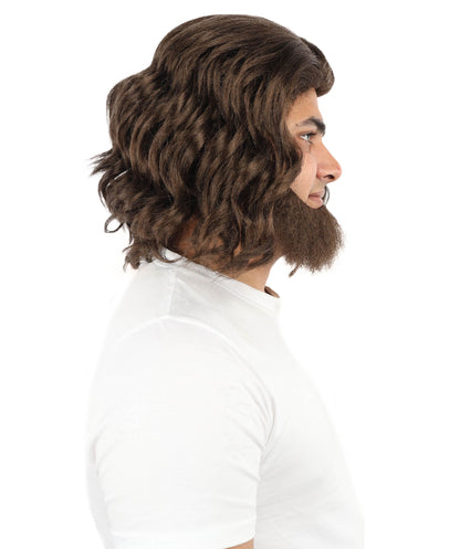 HPO Men’s Animated Character Medium Length Wavy Brown Wig & Beard Set | 12 Inch Flame-Resistant Synthetic Hair with Capless Cap Design | Comfortable Wear for Cosplay, Halloween, Theatre & Events