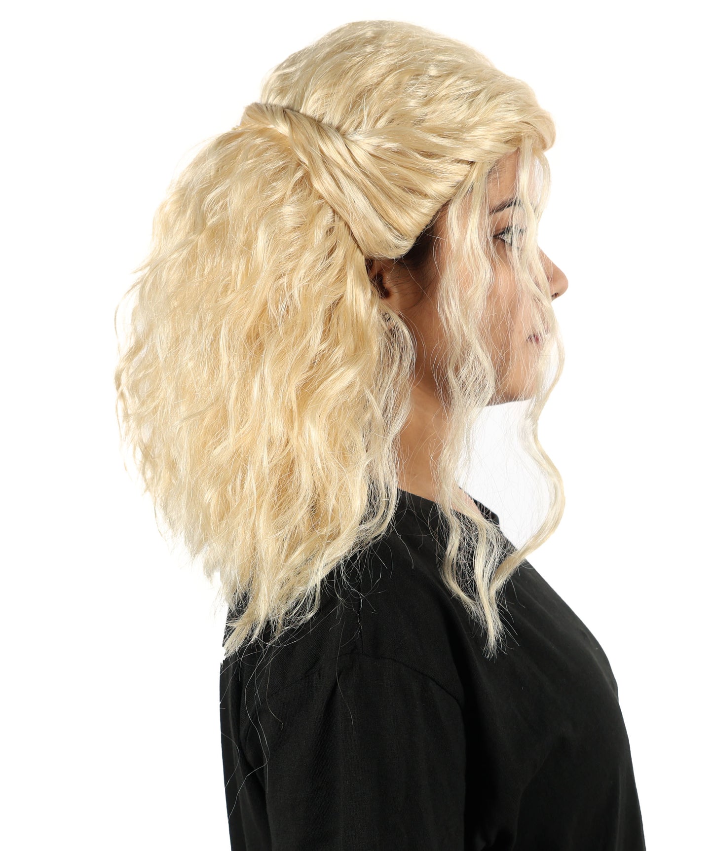 HPO Women’s Blonde Medium-Length Wavy Wig | Flame-Resistant Medium Wig | Lightweight & Natural Look suitable for Party and Halloween