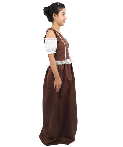 HPO Women’s German Long Dirndl Brown & White Costume – Traditional Bavarian Oktoberfest Dress