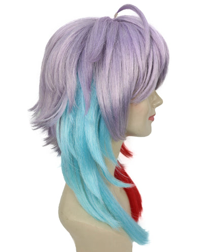HPO Adult Women’s Anime-Inspired Gradient Cosplay Wig | Two-Tone Red & Blue Ombre Tips with Layered Silver Base | Ideal for Halloween and Cosplay