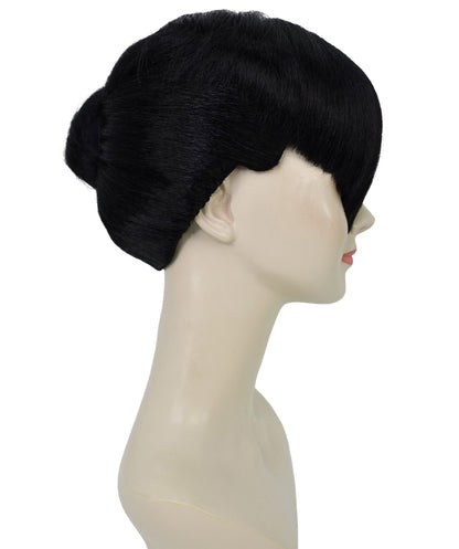 HPO Adult Women’s Sculpted Visor Bangs Wig with Sleek High Bun | Halloween Wig | Flame-Retardant Synthetic Fiber | Breathable Capless Cap Design