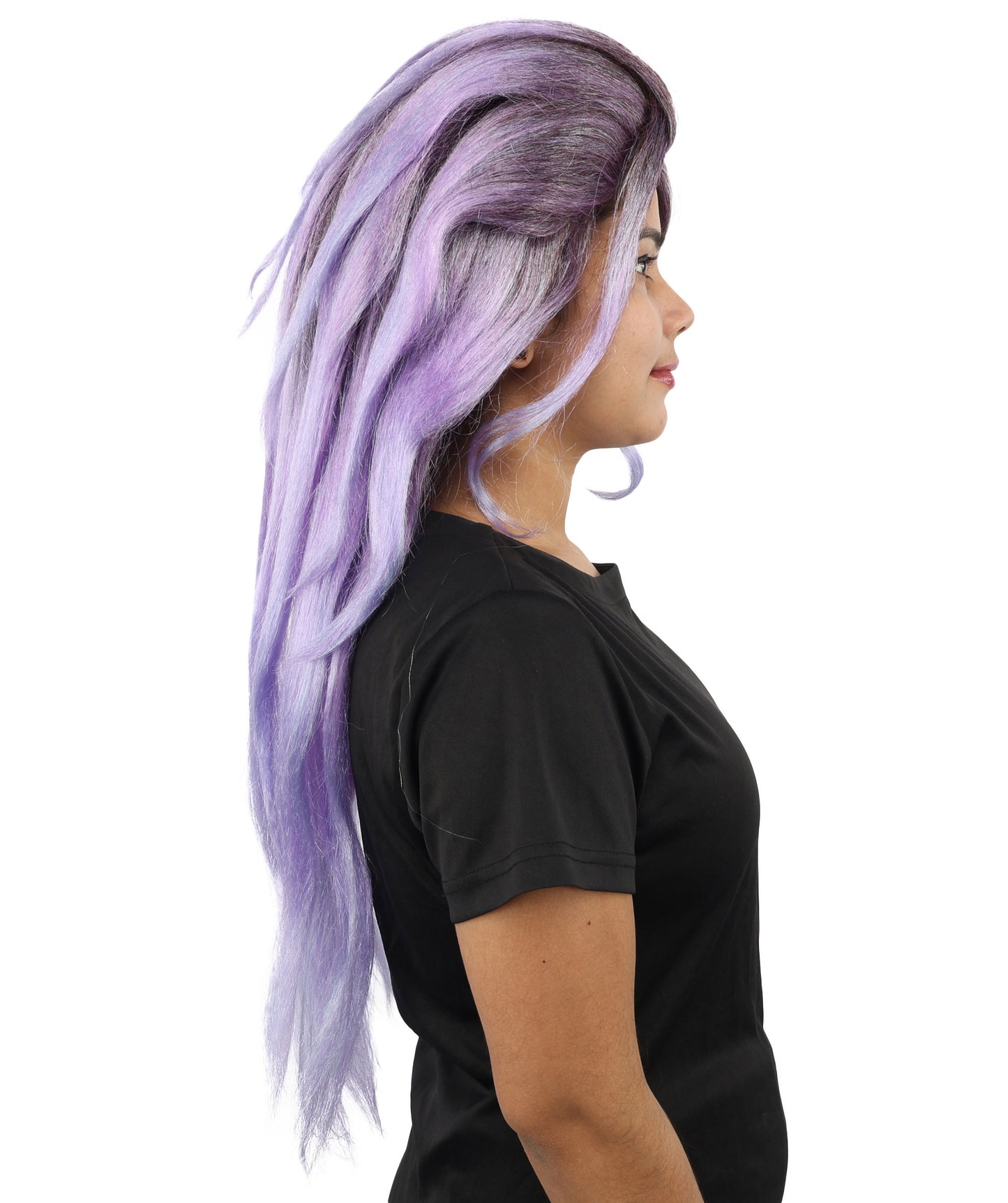 HPO Women's Long Wavy Fantasy Purple wig | Dark roots transitioning to luminescent blue tips, created of flame-retardant synthetic fiber, capless base | Theater stage, costume events, drag