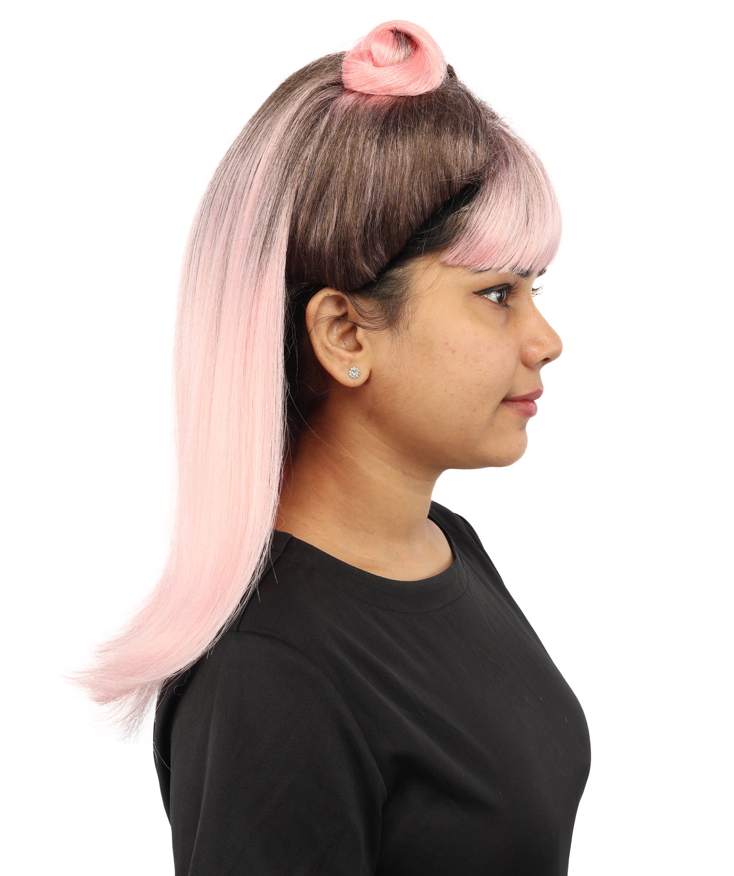 HPO Women's Brown & Pink Half Updo Bangs Wig | Create of synthetic fiber, blunt fringe with top bow, breathable base | Party, Halloween, theater, drag, performance, costume events