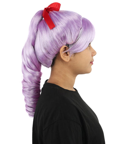 HPO Women's Spiral Ponytail Wig | Multicolor Options | High Updo with Red Ribbon Bow & Bangs, Heat Friendly Synthetic Fiber & Breathable Cap | Halloween, Christmas Event, Themed Party, Theater & Roleplay