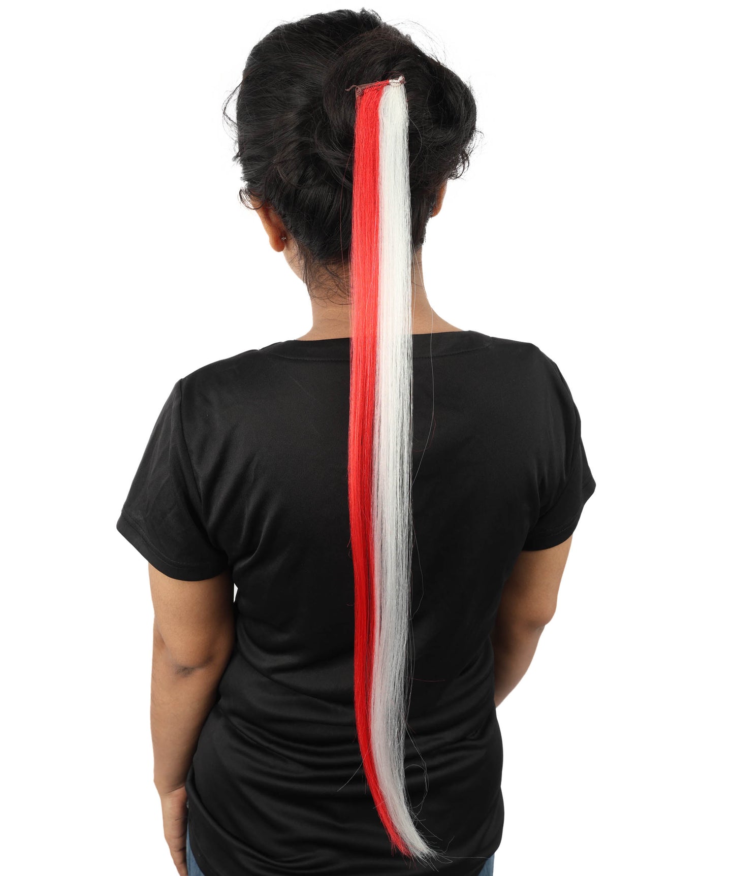HPO Women's International Clip-in Hair Extension | Sleek straight red and white synthetic fibers featuring a secure snap attachment | Ideal for party, Halloween, cosplay, theater, drag, performance, costume events