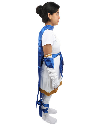 HPO Women's Anime Action Heroine Suit | White and blue jersey satin construction featuring a body garment, hand gloves, leg socks, belt, and bow | Ideal for party, Halloween, cosplay, theater, drag, performance, costume events