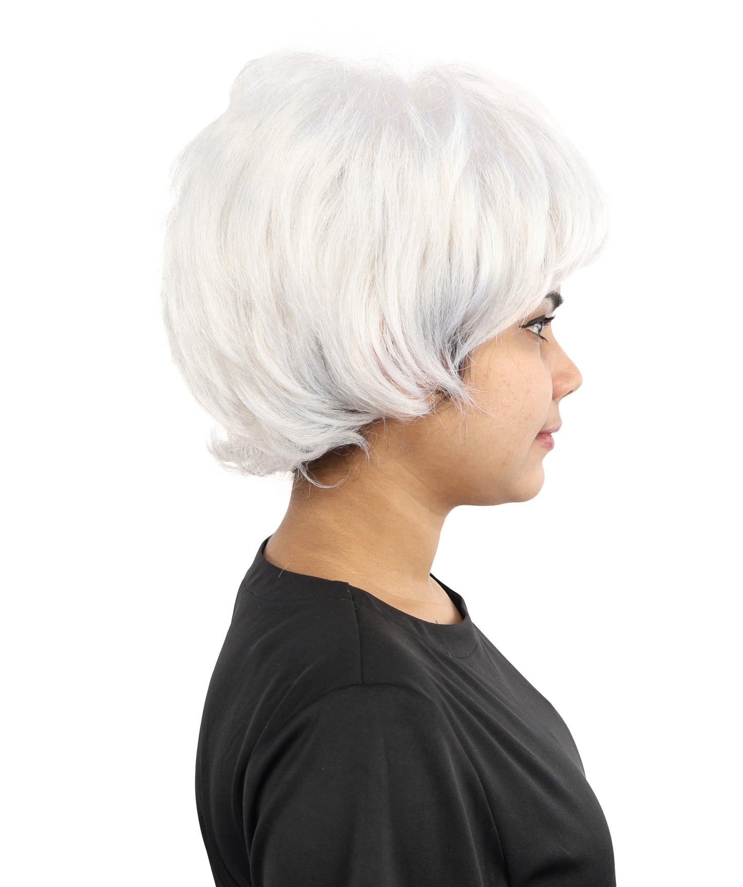 HPO Adult Women's Short Silver White Pixie Wig  | Edgy Layered Cut with Bangs | Synthetic Hair Wig for Stage Fashion, Cosplay, Halloween & Bold Party Looks