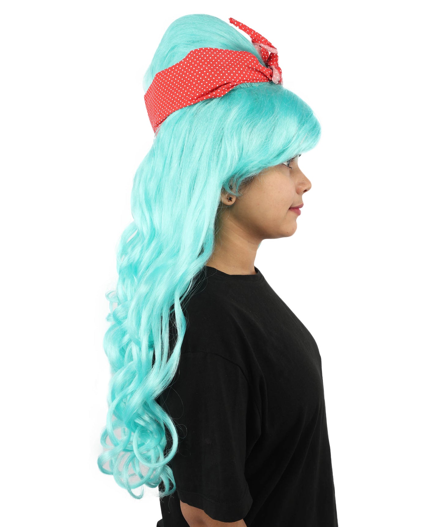 HPO Women’s Retro Beehive Wig with Red Bow | Multicolor Options | Extra Long Wavy Fancy Dress Accessory | Fancy Dress Accessory | Celebrity-Inspired Hair for Halloween, Cosplay & Music Tribute Parties