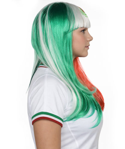 Mexico Flag Sport Party Long Bob Wig | National Pride | Premium Breathable Capless Cap