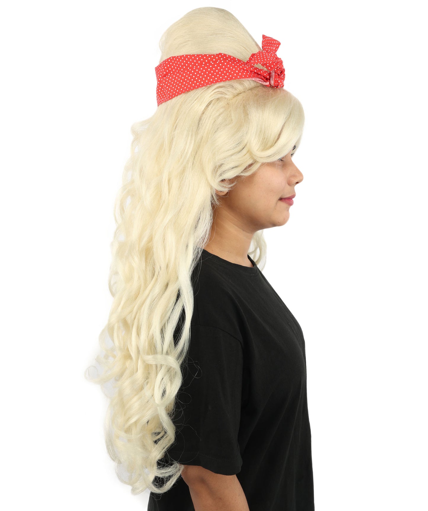 HPO Women’s Retro Beehive Wig with Red Bow | Multicolor Options | Extra Long Wavy Fancy Dress Accessory | Fancy Dress Accessory | Celebrity-Inspired Hair for Halloween, Cosplay & Music Tribute Parties