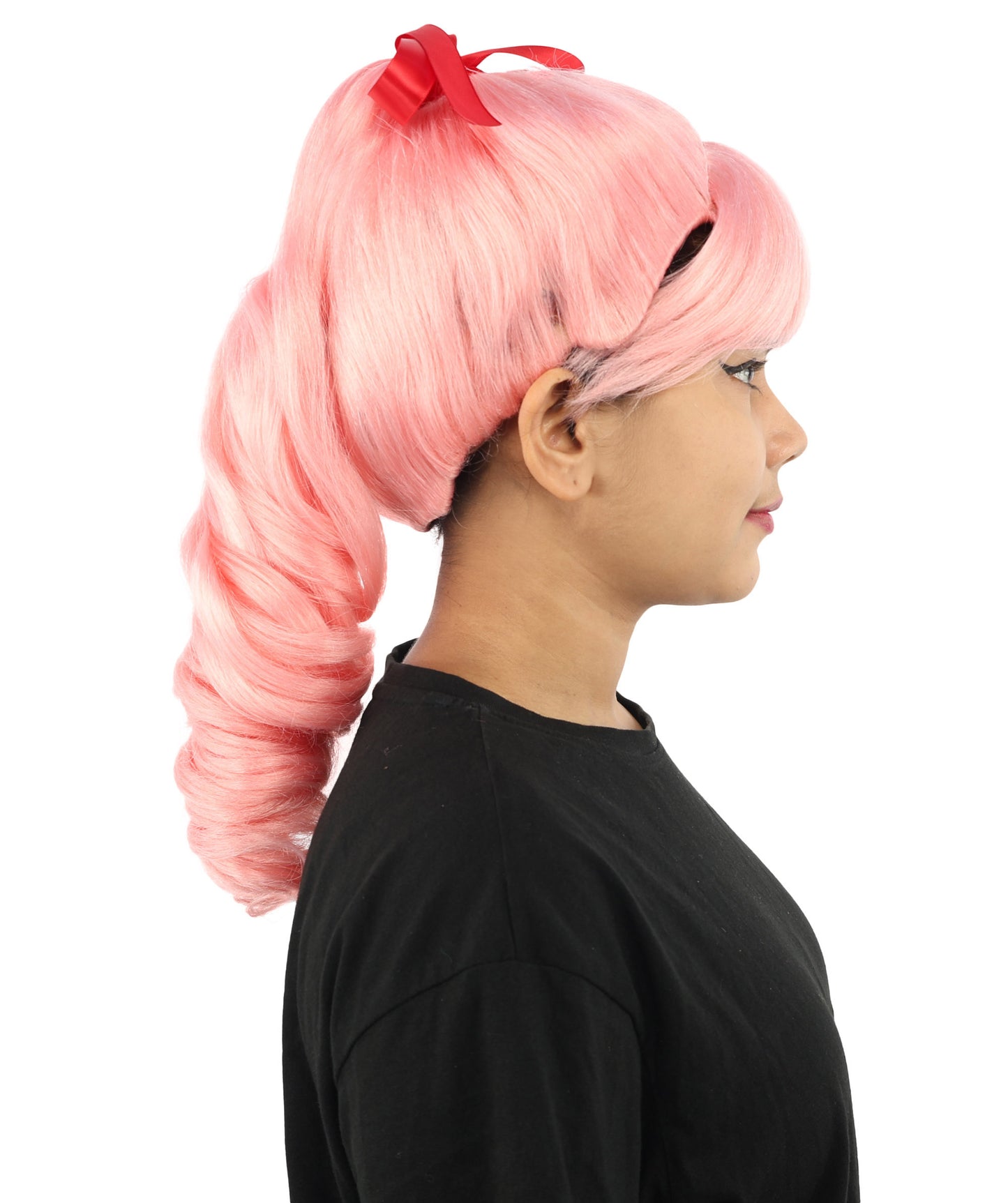 HPO Women's Spiral Ponytail Wig | Multicolor Options | High Updo with Red Ribbon Bow & Bangs, Heat Friendly Synthetic Fiber & Breathable Cap | Halloween, Christmas Event, Themed Party, Theater & Roleplay