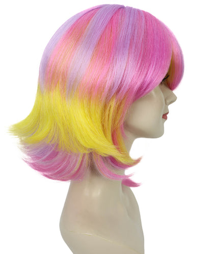 HPO Adult Women’s Pastel Pink and Yellow Gradient Short Layered Bob Cut Wig | Flame-retardant Synthetic Fiber | Flipped Ends Wig for Halloween and Cosplay