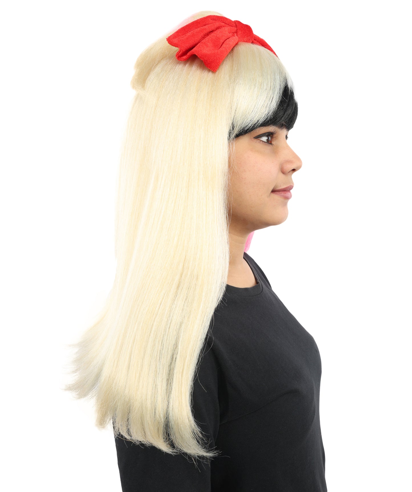 HPO Women’s Black & Blonde Medium-Length Straight Wig with Pink Tips | Flame-retardant Synthetic Fiber | Lightweight Capless Design for Halloween and Cosplay