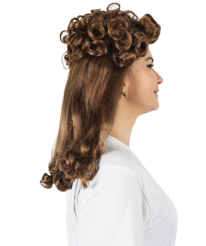 HPO Women's Popular series The Regency Romance Shoulder length Curly Brown Wig | Halloween Wig | Flame-retardant Synthetic Fiber