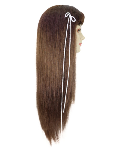HPO Adult Women’s Elegant Long Brown Wig with Highlights and Curtain Bangs | Natural Straight Style | Ideal for Halloween | Breathable Capless Cap