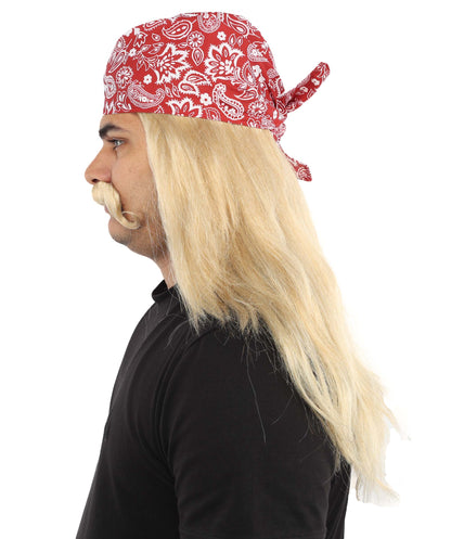 HPO Men’s Long Mullet Style Wig with Moustache and Red Hat | Extended Back Hair with Facial Set | Party Styling for Theme Events, Cosplay & Stage Roles