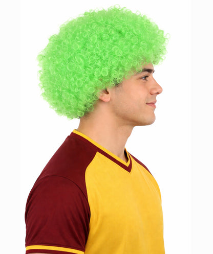 HPO Men's Two Tone Afro Wig | Bouncy Green and White Curls Flame-retardant Synthetic Fiber | Halloween Themed Party Circus Carnival Fan Accessory