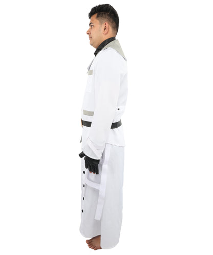 HPO Men's Sci-Fi Executive Officer Costume | White Trench Coat Uniform with Layered Black Scarf and Belts | Ideal for Halloween, Theater, Drag, and Gaming Events