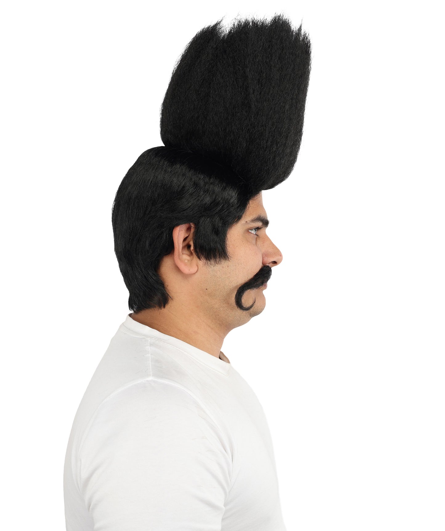 HPO Men's Tall Flat Top Wig and Mustache | Vertical Dark Pompadour with Long Handlebar Facial Hair, Synthetic Fiber & Breathable Net | Halloween, Carnival, Stage Performance & Roleplay