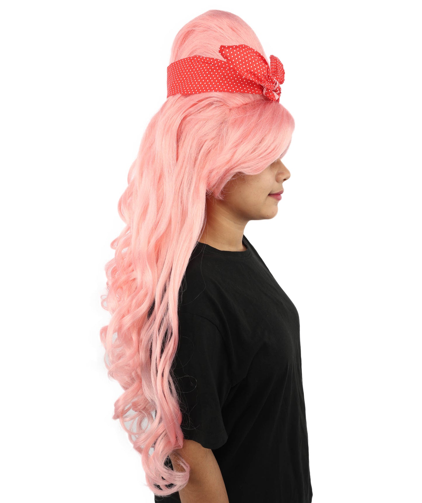 HPO Women’s Retro Beehive Wig with Red Bow | Multicolor Options | Extra Long Wavy Fancy Dress Accessory | Fancy Dress Accessory | Celebrity-Inspired Hair for Halloween, Cosplay & Music Tribute Parties
