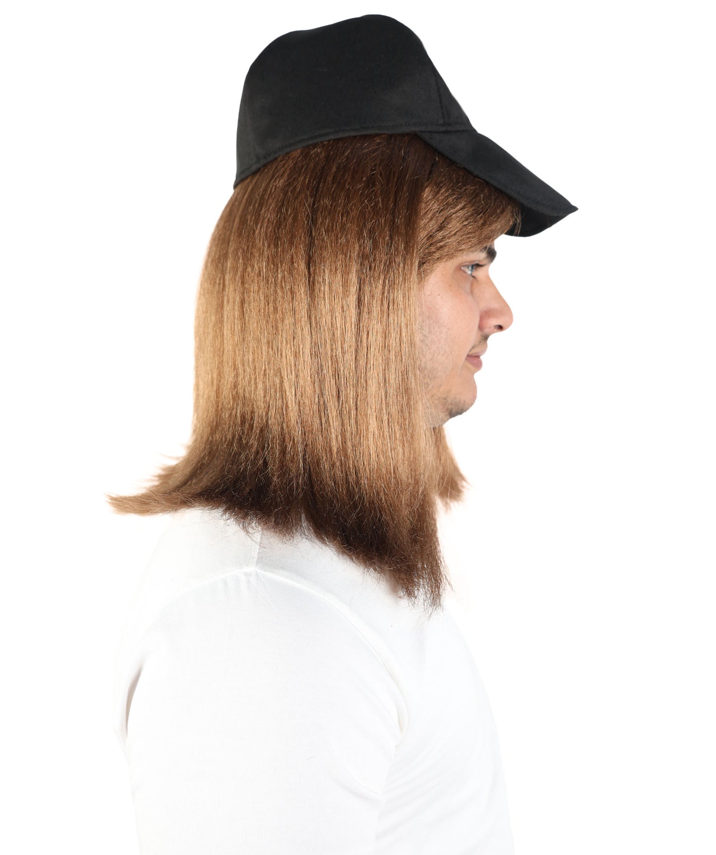 HPO Men’s Brown Retro Wig with Black Slogan Cap | Straight Layered Hair Accessory for Parties, Cosplay & Dress-Up Looks | Lightweight Capless Cap Design