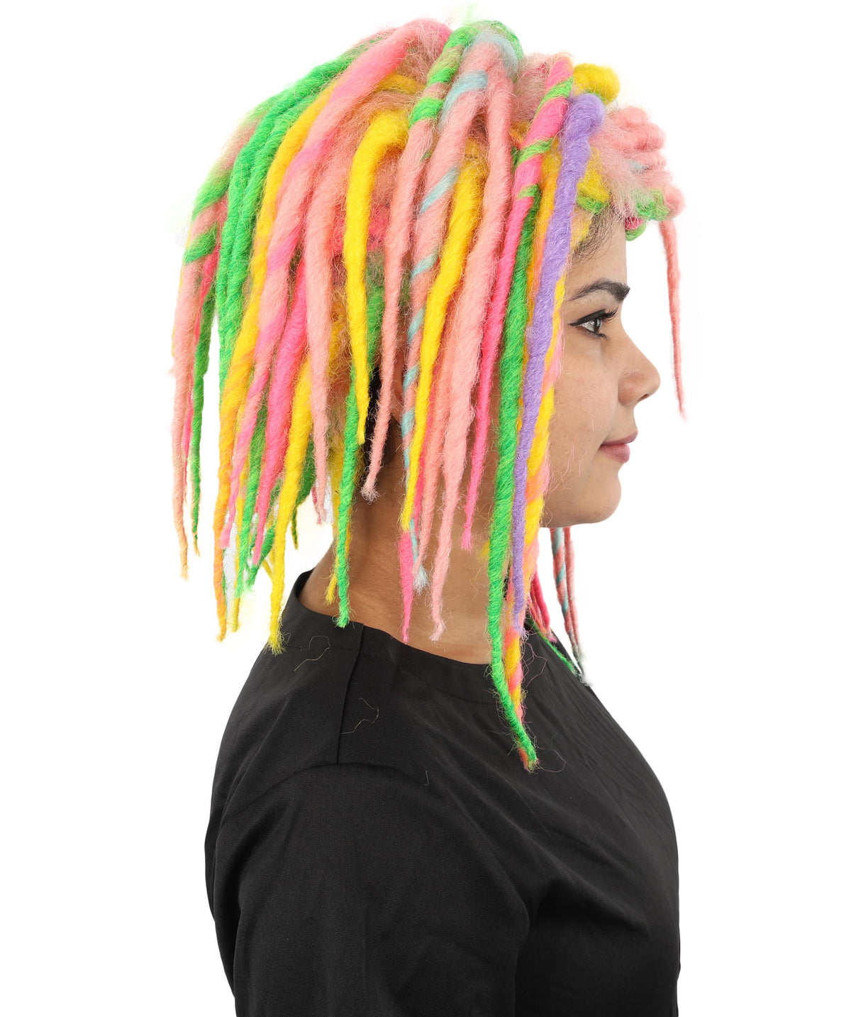 Women's Neon Cyber Goth Wool Dreadlock Wig | UV Reactive Multicolor Braids | Festival Rave Hairpiece, Halloween Costume and Club Wear Accessory