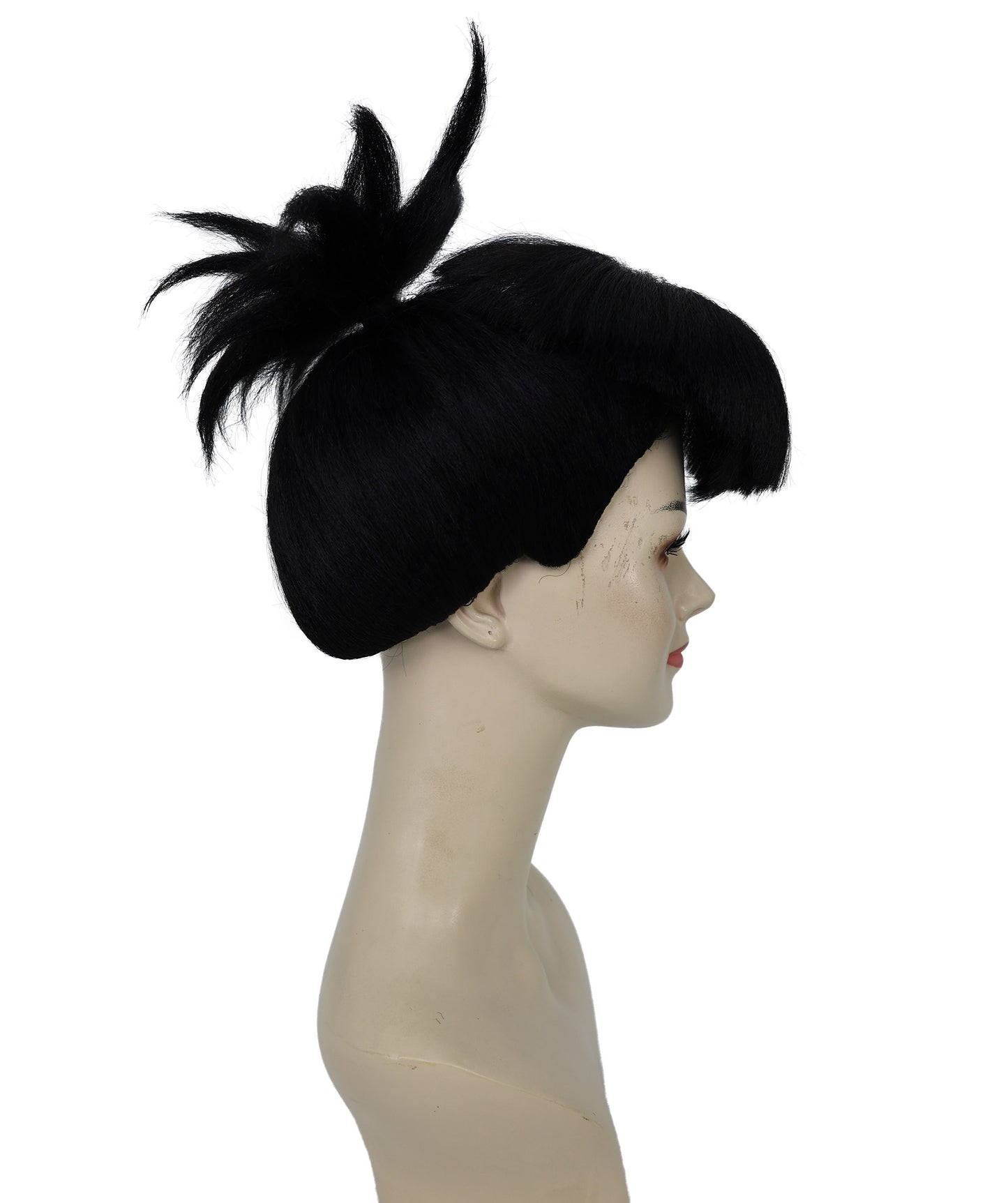 HPO Adult Women’s Sculpted Spiked Bun Wig with Blunt Bangs | Halloween Wig | Flame-Retardant Synthetic Hair with Breathable Capless Design
