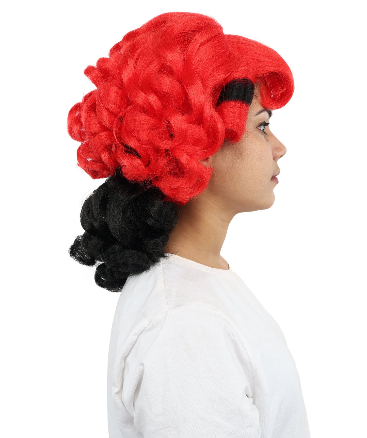 HPO Women's Short Curly Wig with Bangs | Red and Black Synthetic Hairpiece | Adjustable Inner Straps Cap | Lightweight Wig