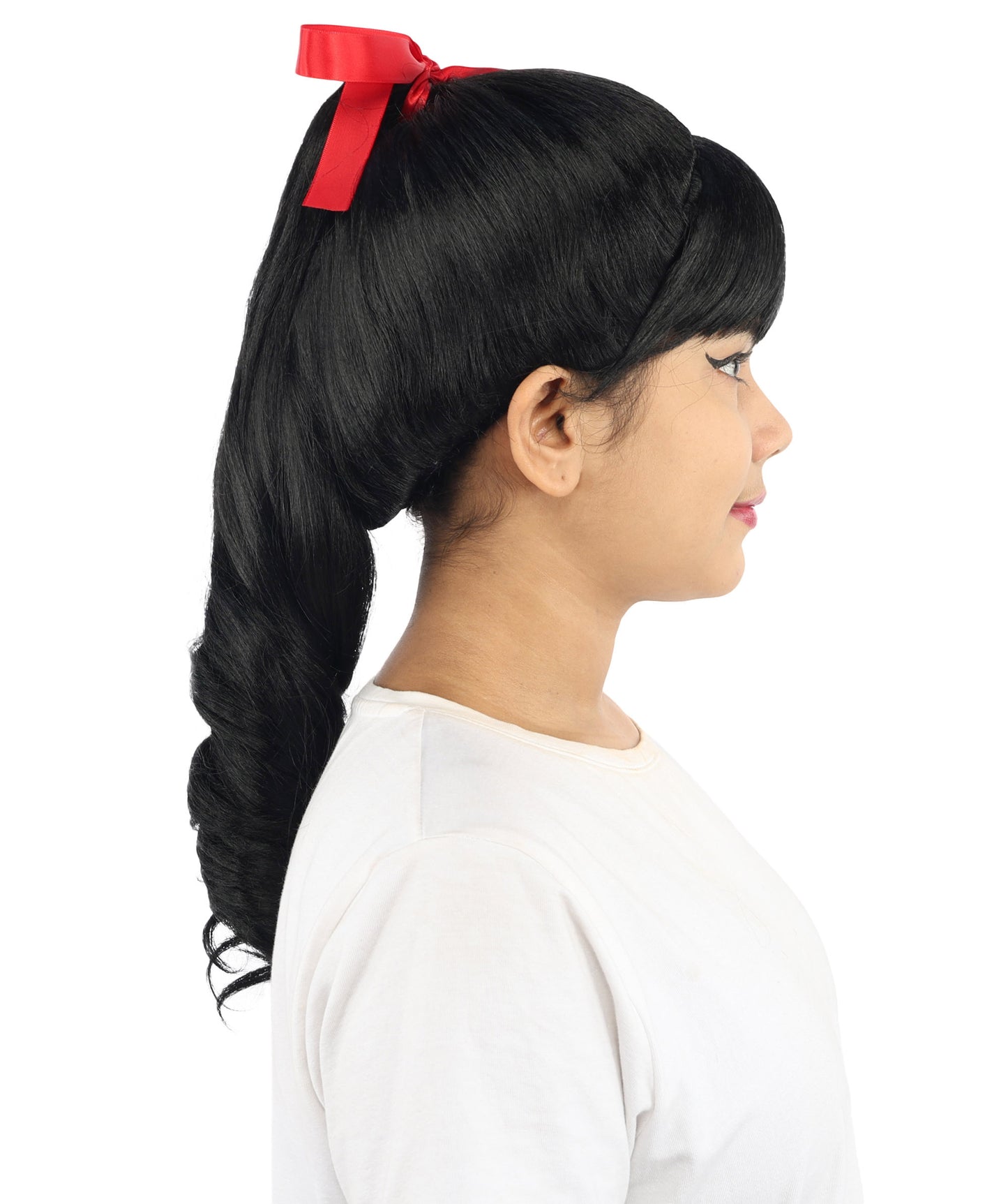 HPO Women's Spiral Ponytail Wig | Multicolor Options | High Updo with Red Ribbon Bow & Bangs, Heat Friendly Synthetic Fiber & Breathable Cap | Halloween, Christmas Event, Themed Party, Theater & Roleplay
