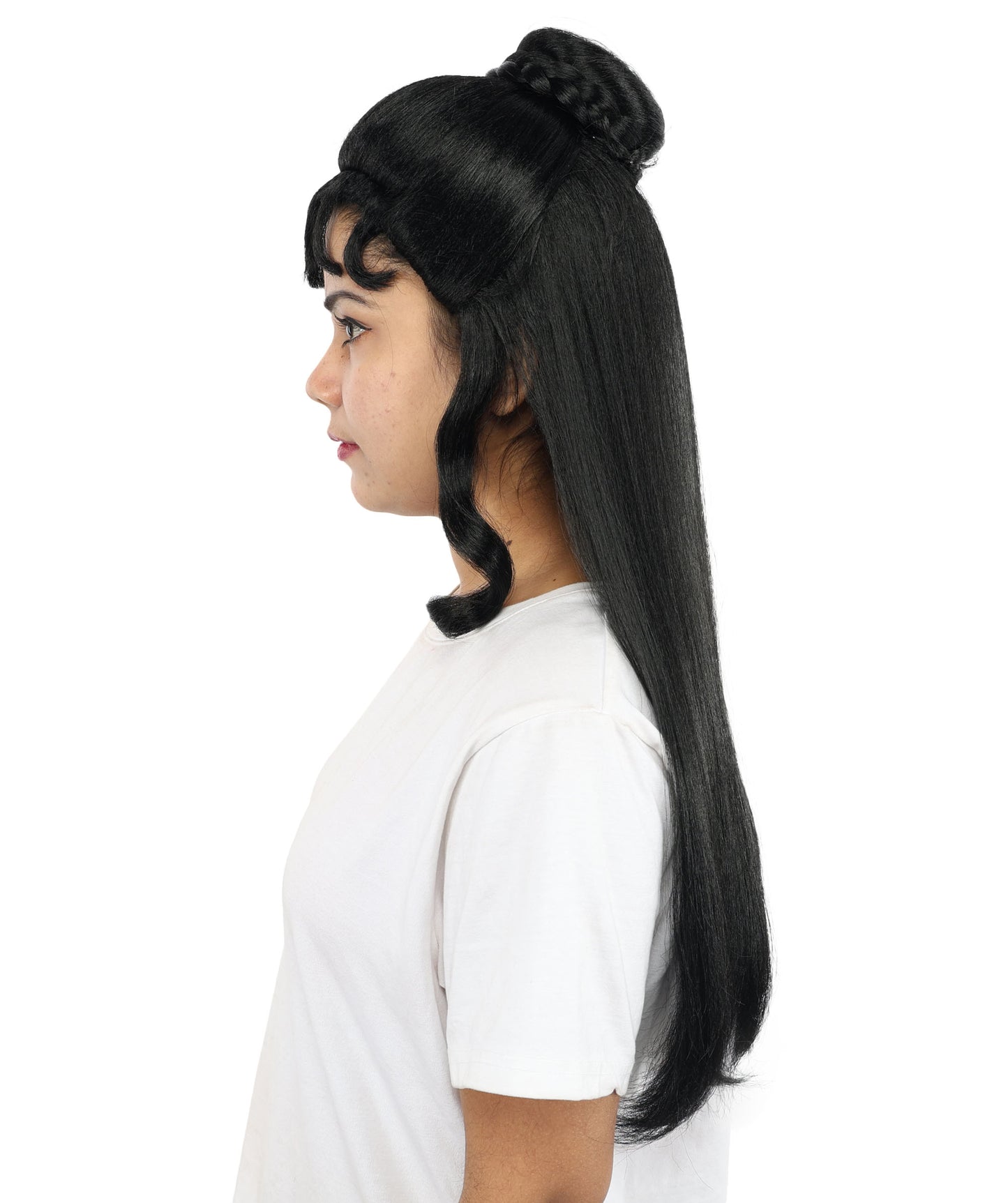 HPO Women’s 24” Long Black Wig | Elegant Half-Up Curly Bangs Wig for Historical, Mythical, or Theatrical Roles | Capless Cap Design