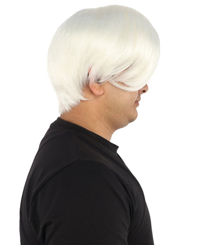 HPO Adult Men's Short Black Side Swept Wig | Thick Layered Bangs with Natural Texture,  Adjustable Cap | Halloween, Themed Party, Stage Performance & Roleplay