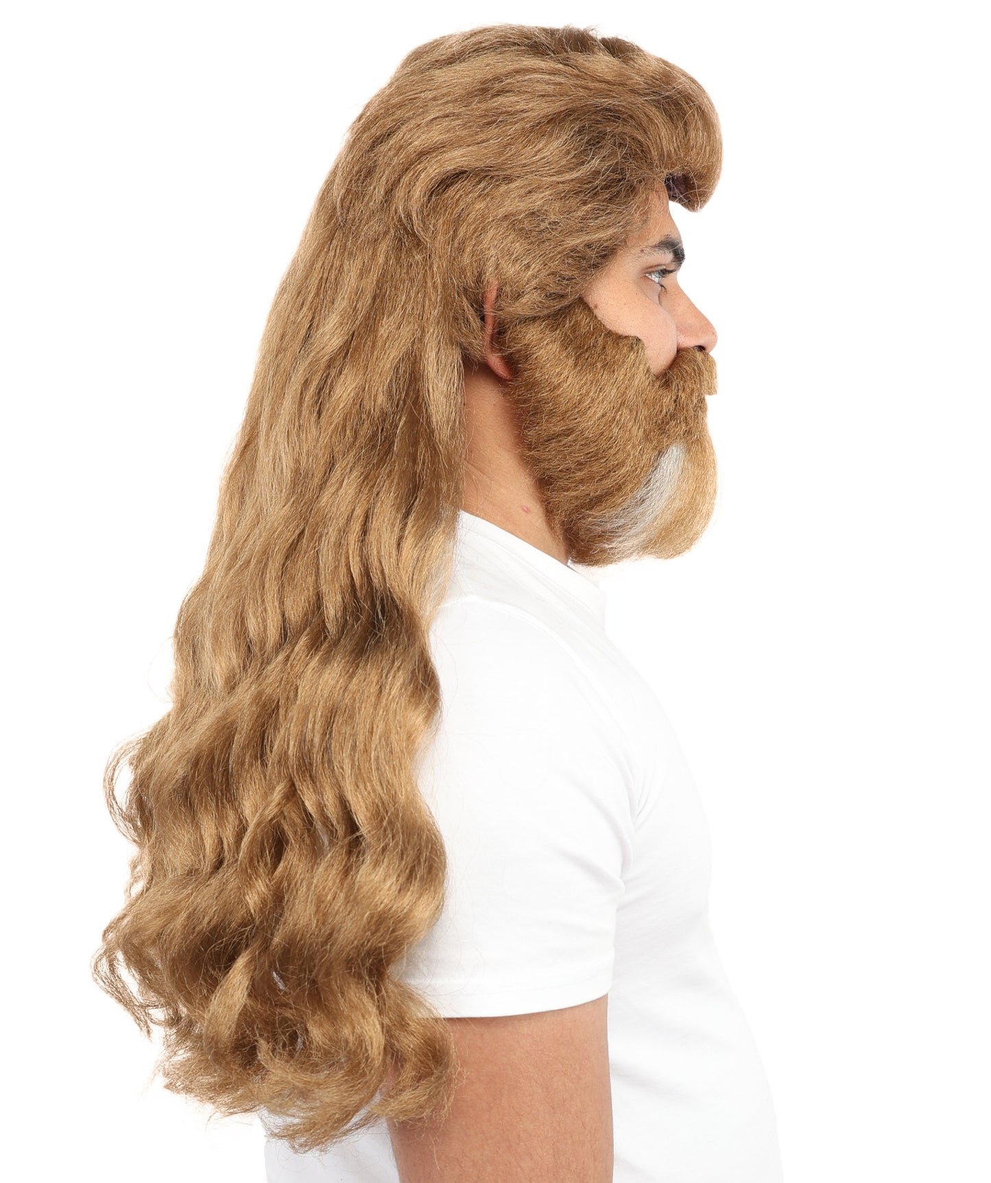 HPO Men’s Long Wavy Brown & White Mixed Wig Beard & Mustache Set – Royal Hairpiece with Adjustable Cap | Ideal for Historical Reenactment, Stage & Cosplay