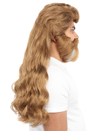 HPO Men’s Long Wavy Brown & White Mixed Wig Beard & Mustache Set – Royal Hairpiece with Adjustable Cap | Ideal for Historical Reenactment, Stage & Cosplay