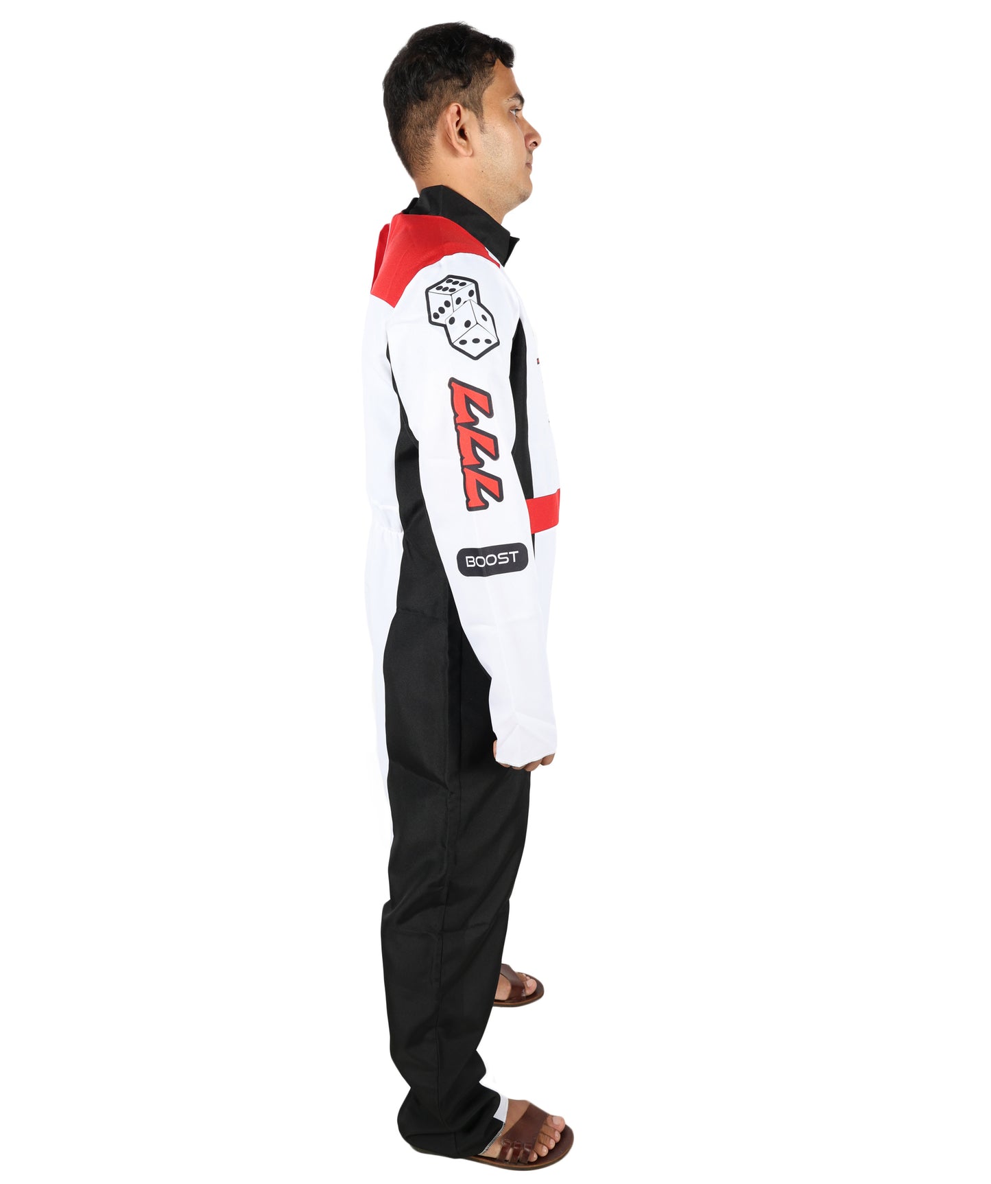 HPO Men’s Racing-Themed Costume | Black, White & Red Jumpsuit with Gloves | RONIOR Fabric 3-in-1 Outfit for Performance & Cosplay