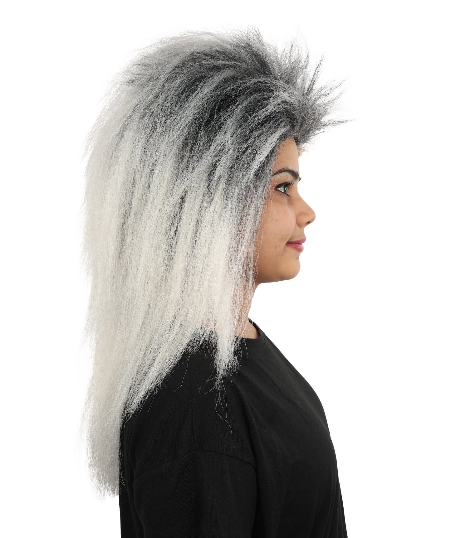 HPO Women's Heavy Metal Undead Black & Grey Wig | Messy Grayish-White Hairpiece with Distressed Texture | Adjustable Cap for Halloween, Cosplay, Stage & Parties