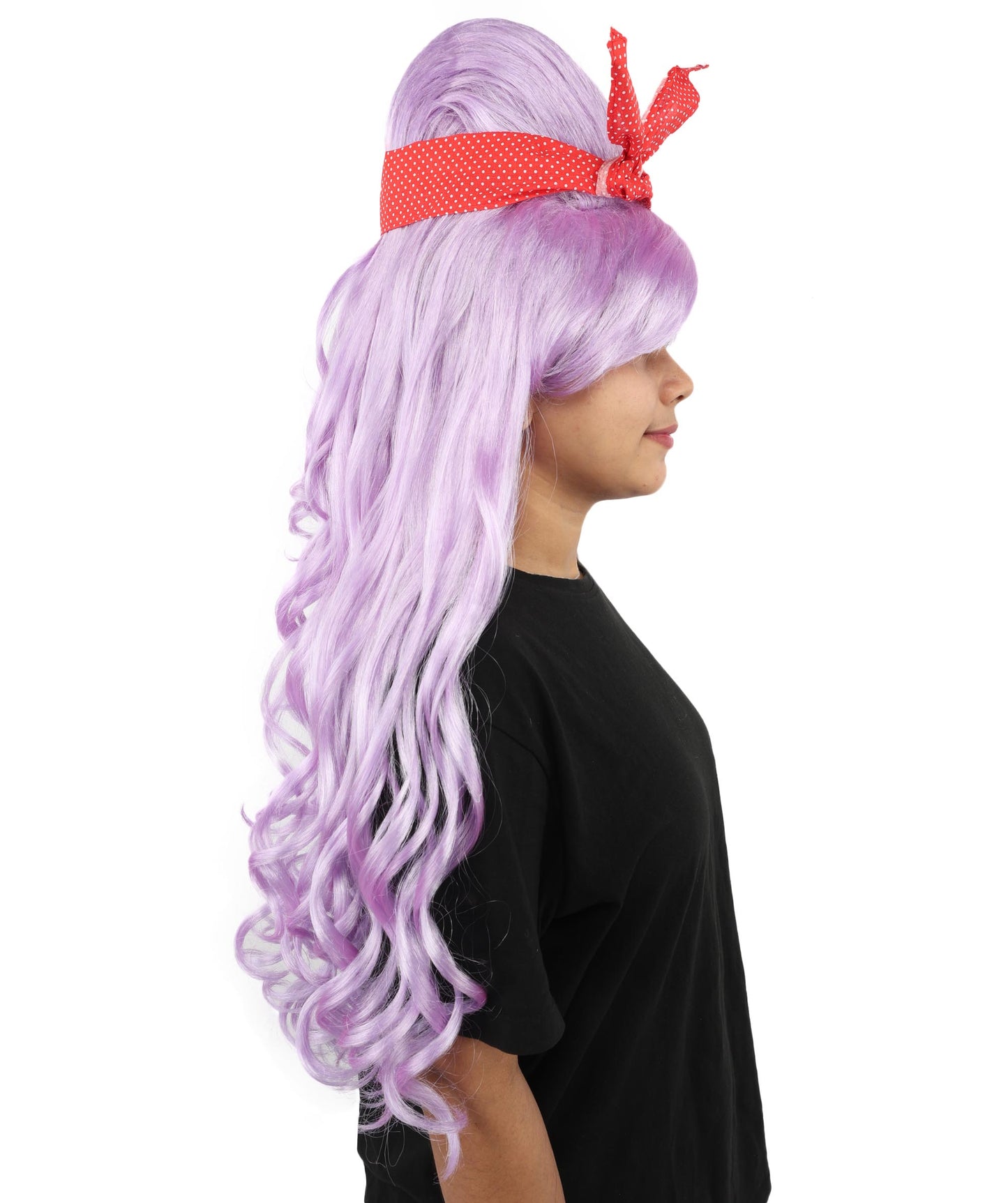 HPO Women’s Retro Beehive Wig with Red Bow | Multicolor Options | Extra Long Wavy Fancy Dress Accessory | Fancy Dress Accessory | Celebrity-Inspired Hair for Halloween, Cosplay & Music Tribute Parties