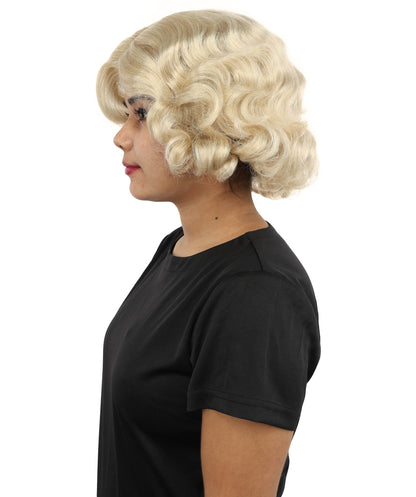 HPO Women’s Medium Length Blonde Curly Retro Wig – 11 Inch Retro Vintage Style Wig with Waves | Inspired by Timeless Music Star Look for Halloween and Cosplay