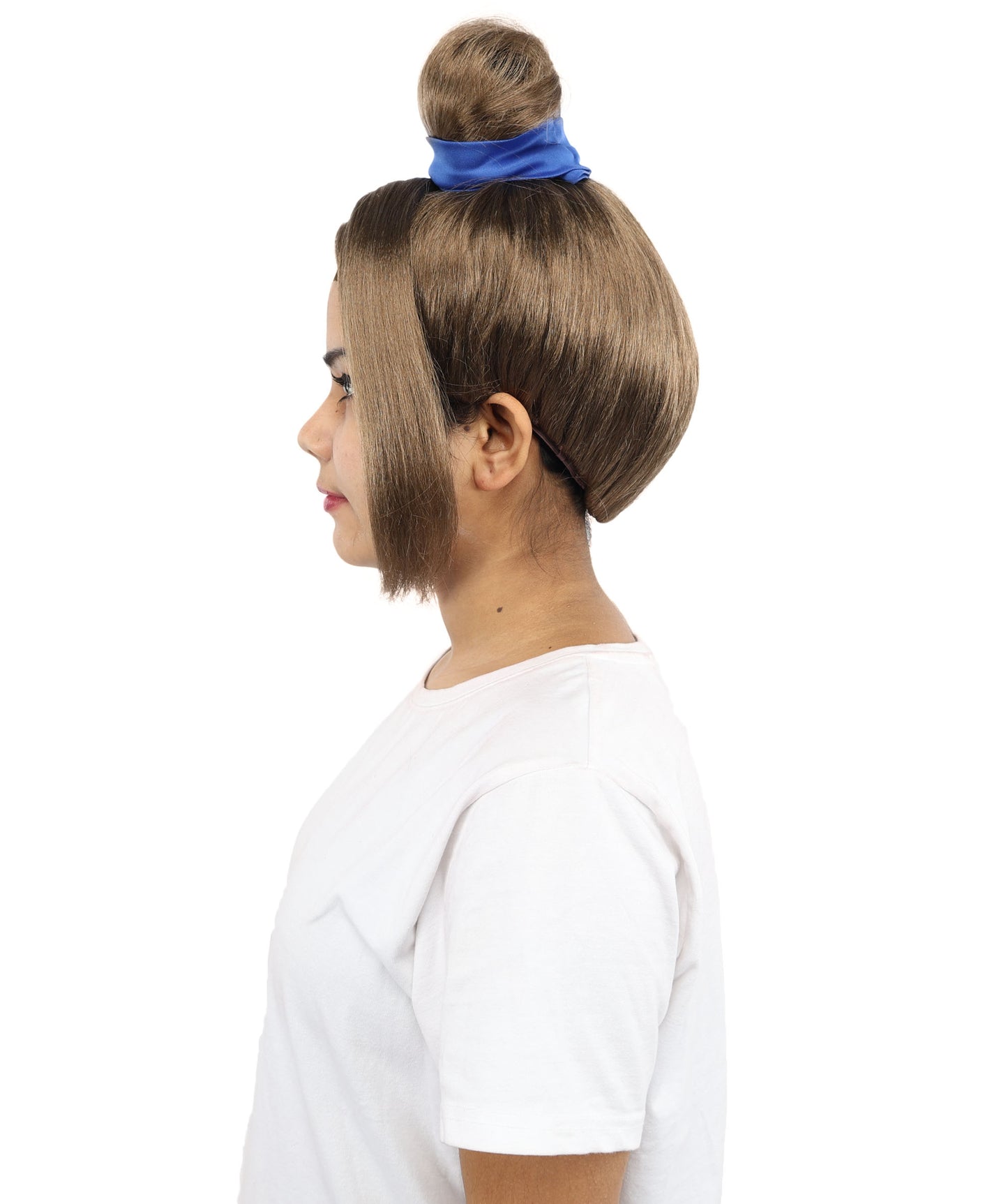 HPO Women’s Historical Tall Bun Wig with Blue Ribbon and Side Bangs | 12 Inch Synthetic Costume Hairpiece | Capless Cap Wig for Theater, Cosplay, Halloween Events