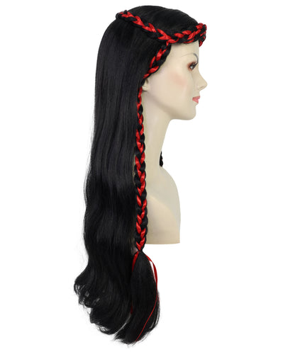 Women’s Long Black Wavy Wig with Red Braided Accents | Ideal for Halloween | Breathable Capless Cap