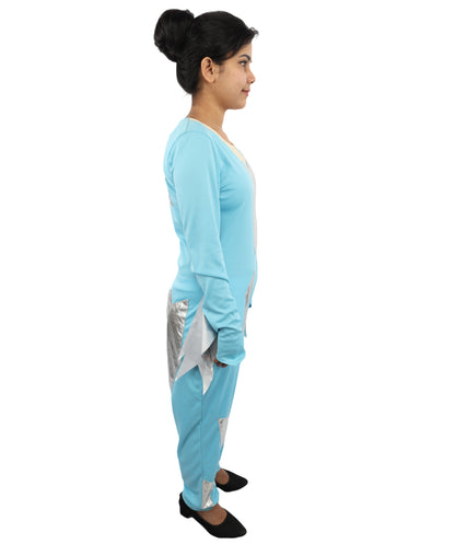 HPO Women's Ice Blue Jumpsuit Costume | Shimmering Synthetic Febric Bodysuit with Metallic Accents and Fringe | Idal for Halloween, Cosplay, Drag, and Themed Events
